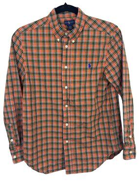 Ralph Lauren Shirt Boys L 14-16 Orange Plaid Button-Down Long Sleeve Preppy